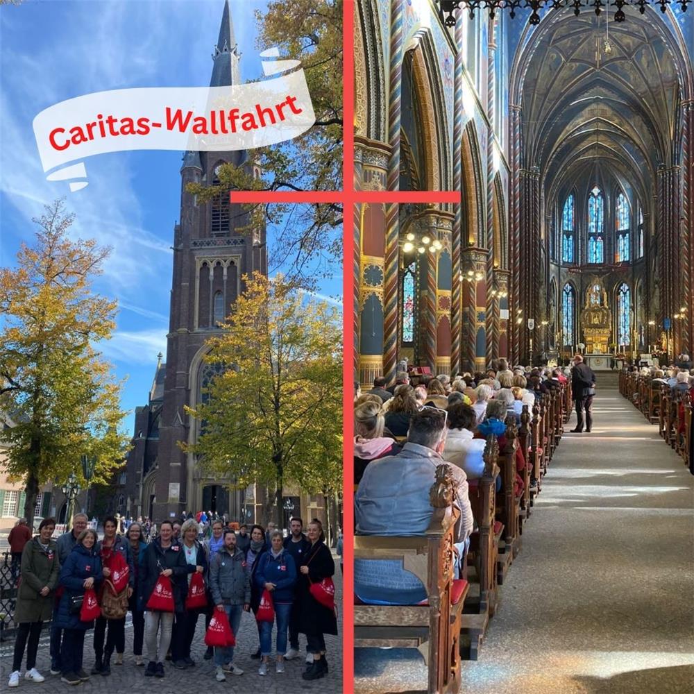 Auf zwei Fotos sieht man links das Team der Caritas draußen vor der Basilika und rechts den Innenraum der Basilika mit gefüllten Sitzreihen