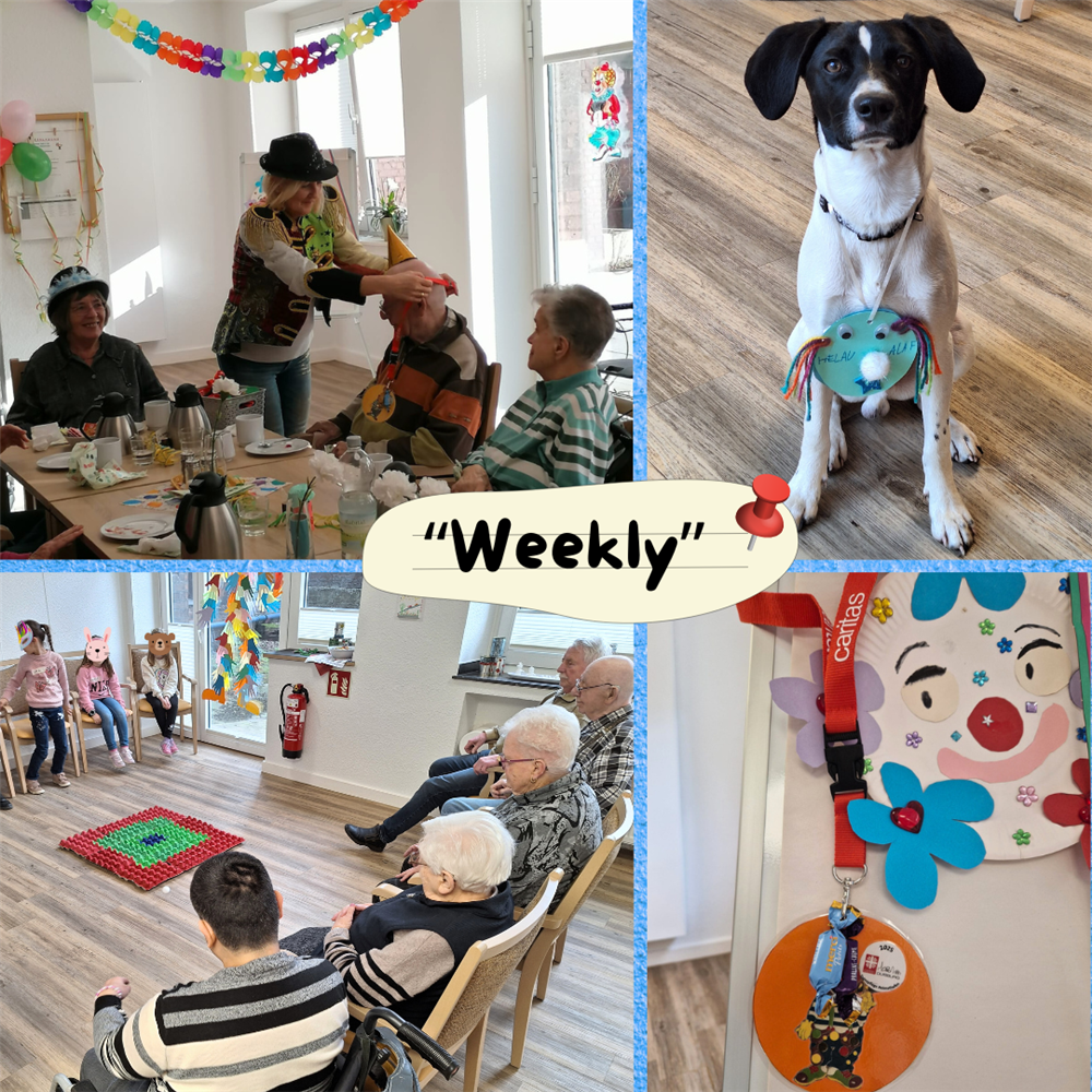 Collage aus vier Fotos: Gäste und Mitarbeitende feiernd am Tisch, Hund Jack mit Orden, Kinder und Gäste beim Spielen, gebastelter Orden