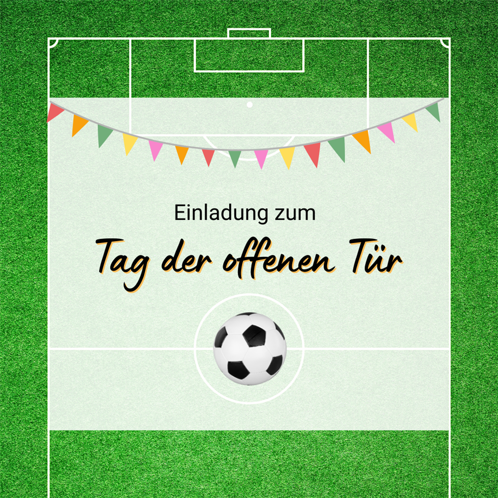 zu sehen ist ein Bild eines Fußballfelds mit den Daten zum Tag der offenen Tür in der Tagespflege Heimathafen