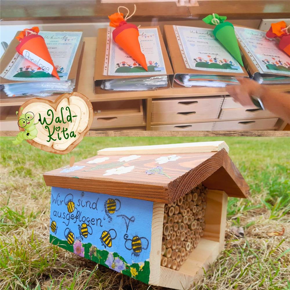 Das Bild zeigt zwei Szenen aus einer Wald-Kita. Oben personalisierte Mappen mit Urkunden und Schultüten. Unten befindet sich ein bemaltes Insektenhotel mit der Aufschrift „Wir sind ausgeflogen“.