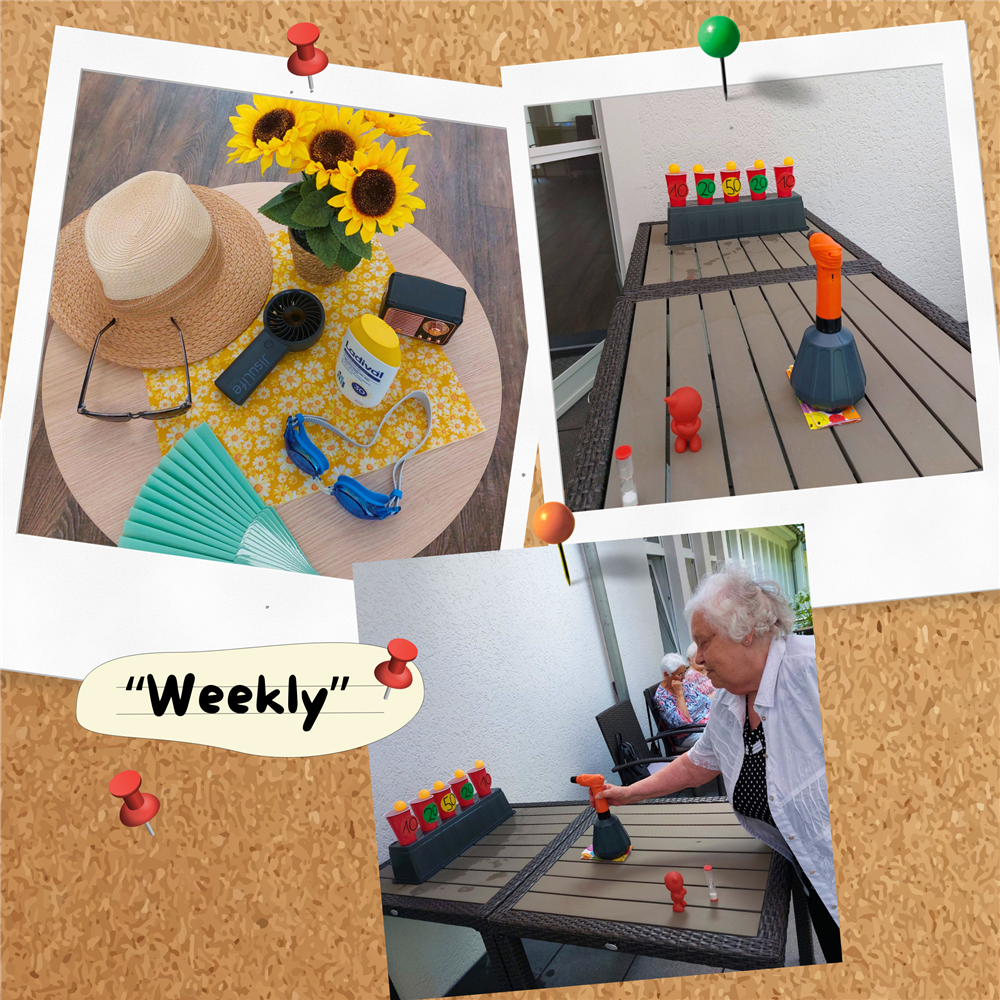 Eine Collage aus drei Fotos zeigt Aktivitäten und Gegenstände, die zum Sommer passen. Oben links sind Sonnenblumen, ein Sonnenhut, eine Sonnenbrille, ein Fächer, und Sonnencreme auf einem Tisch arrangiert. Oben rechts und unten sind Bilder zu sehen, auf denen ältere Menschen an einem Spiel teilnehmen, bei dem Wasser auf Becher gespritzt wird.