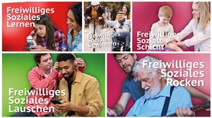 Fotocollage zeigt unterschiedliche Einsatzbereiche für ein Freiwilliges Soziales Jahr