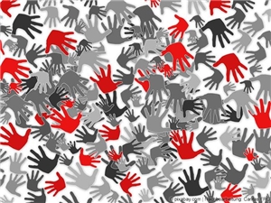 Bildillustration.Wimmelbild.Umterschiedlich große Hände. In Graustufen mit roten Akzenten. (c) pixabay.com | Caritas FRG.