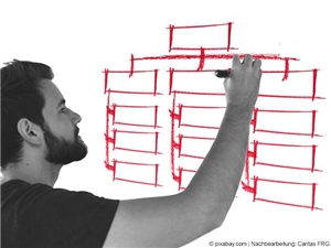 Fotokollage: Bärtiger Mann skizziert eine Organigrammstruktur, in Graustufen und Skizze in Rot. (c) pixabay.com | Nachbearbeitung: Caritas FRG.