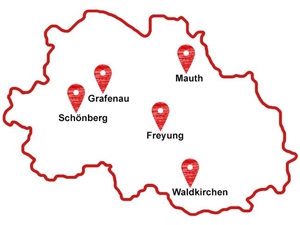 Standortskizze des Caritasverbandes Freyung-Grafenau,  in Graustufen, Orte in Rot: Schönberg, Grafenau, Mauth, Freyung, Waldkirchen. (c)  Caritas FRG.