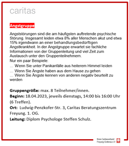 Details zum Gruppenangebot "Angst" der Beratungsstelle für psychische Gesundheit (SPDI) im Frühjahr 2023, in Grafenau. Grafik: (c) Grimsmann | Caritas FRG.