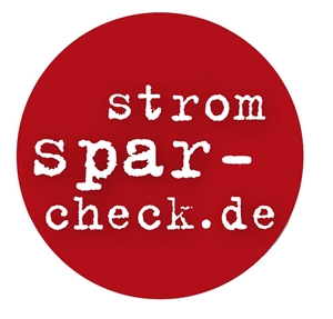 Roter Kreis mit weißem Schriftzug "Stromspar-Check.de"
