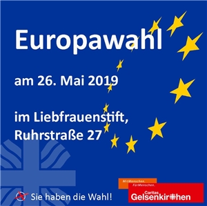 Europawahl 2019 Liebfrauenstift Blauer Hintergrund, gelbe Europa-Sterne, Hinweis zur Wahl im Liebfrauenstift