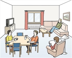 Comicdarstellung von Menschen in einem Wohnzimmer. Sie sitzen gemeinsam an Tischen