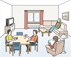 Wohnzimmer Comicdarstellung von Menschen in einem Wohnzimmer. Sie sitzen gemeinsam an Tischen