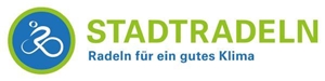 Stadtradeln Logo grün blaues Logo; Fahrrad mit Schruftzug Stadtradeln