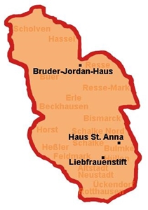 Übersicht der Stadtteile Gelsenkirchens mit den Standorten der Heime