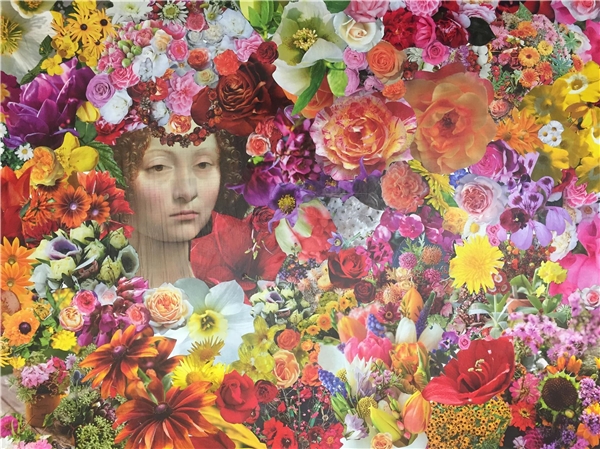 Eine Collage aus vielen Blumen und einem Frauenkopf