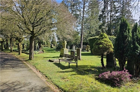 Leere Holzbank auf einem Friedhof.
