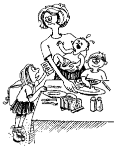 Mutter am gedeckten Tisch mit schreiendem Baby auf dem Arm einem in die Schüssel greifenden Kleinkind und einem Schulkind mit schlechter Note in der Hand. 