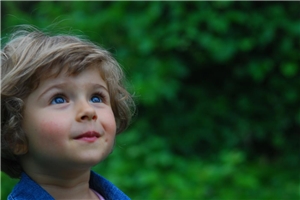Junge, 4 Jahre alt, schaut aus dem Grünen Richtung Himmel