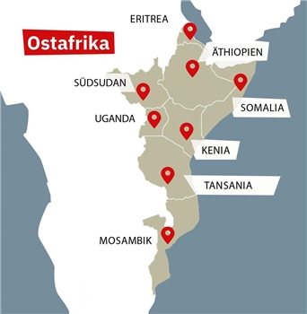 Ostafrika: Karte - Hilfen von Caritas international