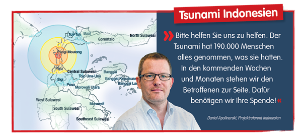 Spendenaufruf Indonesien ein Zitat von unserem Referenten Daniel Apolinarski vor einer Indonesien-Karte