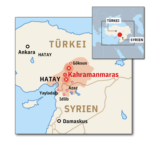 Karte des Erdbebengebietes in der Türkei und Syrien