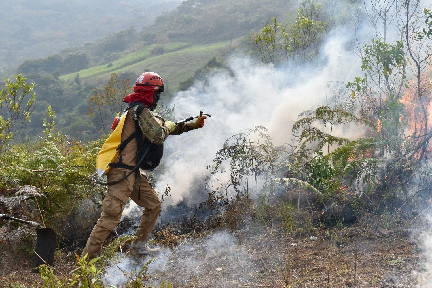 Ein Brandhelfer in Bolivien kämpft gegen die Flammen