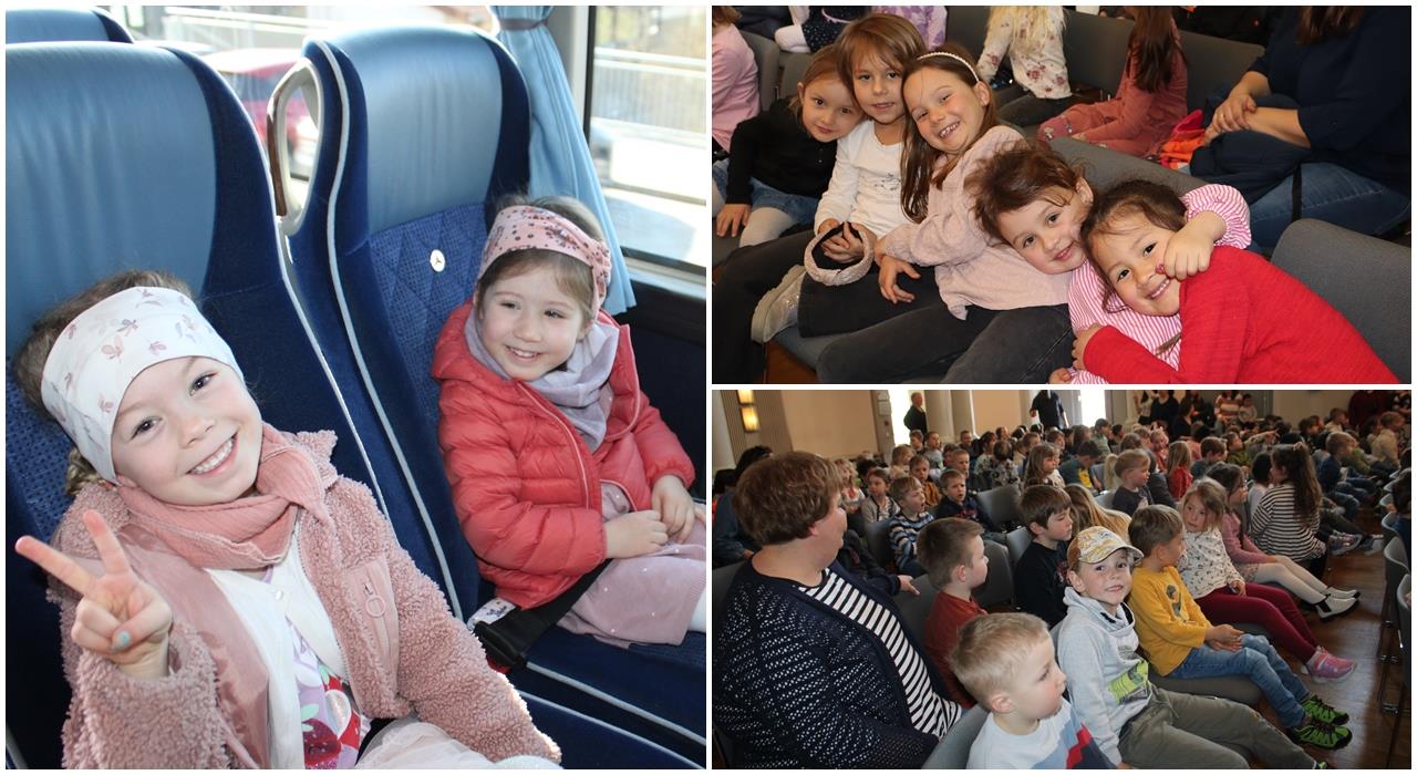 Collage mit drei Bildern von einer Kinder-Theaterfahrt: Zwei Mädchen lächeln fröhlich in einem Reisebus, eine Gruppe Kinder sitzt lachend nebeneinander auf Theaterstühlen, und ein großer Saal ist voller gespannt wartender Kinder. Die Stimmung ist ausgelassen und erwartungsvoll.