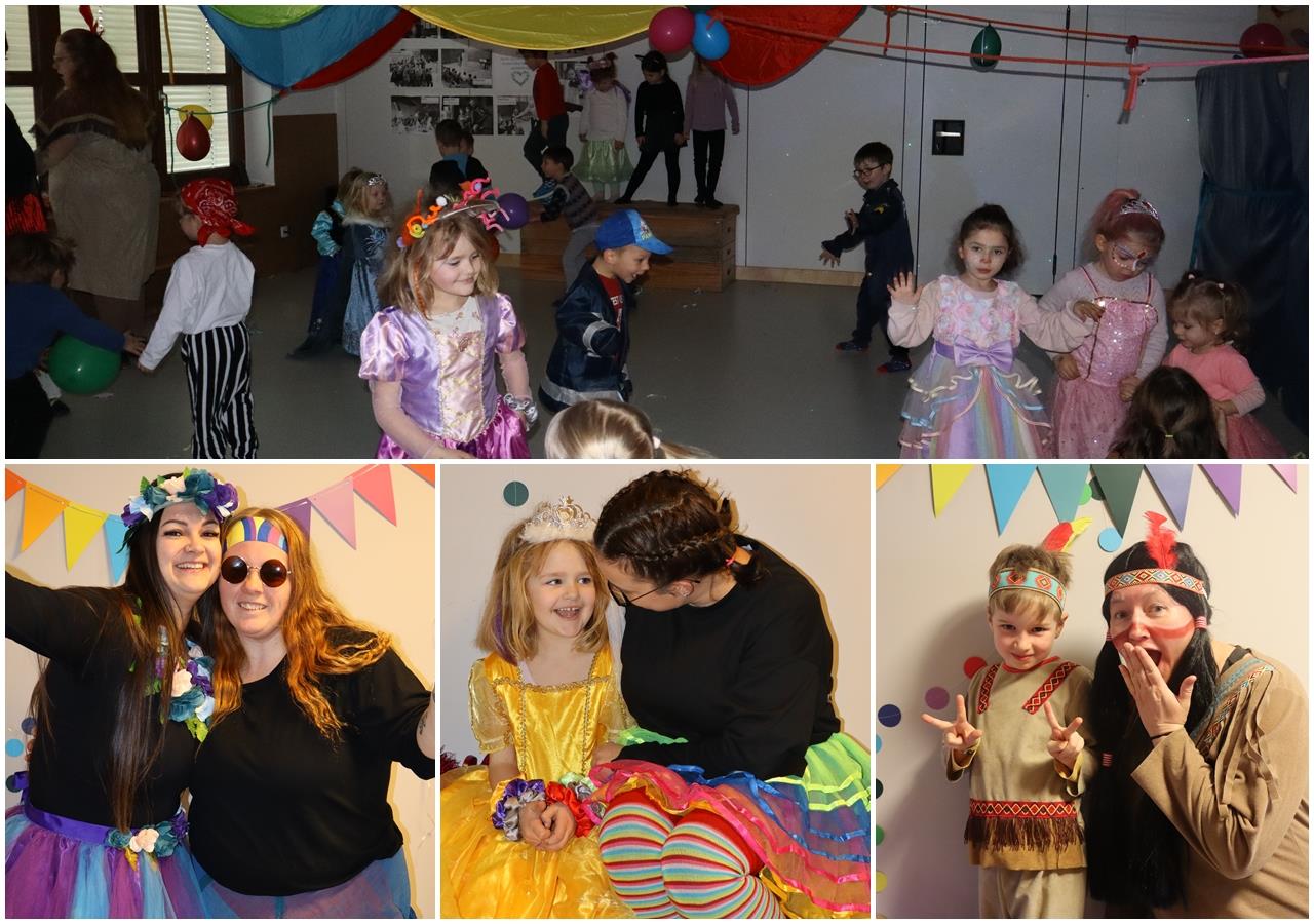 Collage mit fröhlichen Faschingsmomenten: Kinder tanzen in bunten Kostümen, darunter Prinzessinnen, Piraten und Regenbogenkleider. Erwachsene feiern verkleidet mit, es wird gelacht, posiert und gespielt.