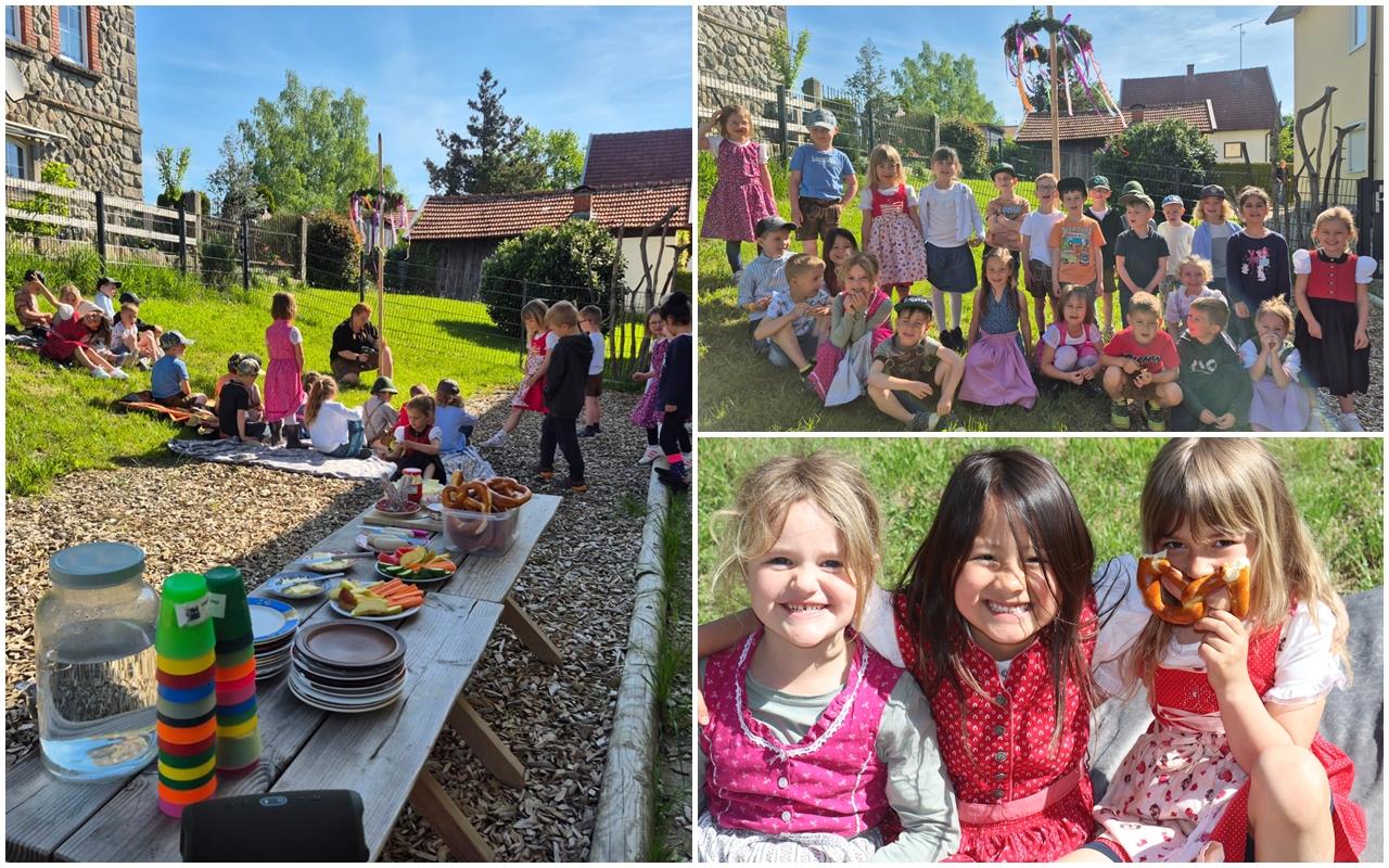 Collage mit drei Fotos von einem fröhlichen Maifest im Kindergarten: Links sitzen Kinder auf Picknickdecken im Garten, während ein Tisch mit bunten Bechern, Tellern und Snacks wie Gemüse, Obst und Brezeln bereitsteht. Oben rechts posiert eine große Kindergruppe lachend vor einem bunt geschmückten Maibaum. Unten rechts lächeln drei Mädchen in traditionellen Dirndlkleidern in die Kamera – eines hält eine große Brezel in den Händen.