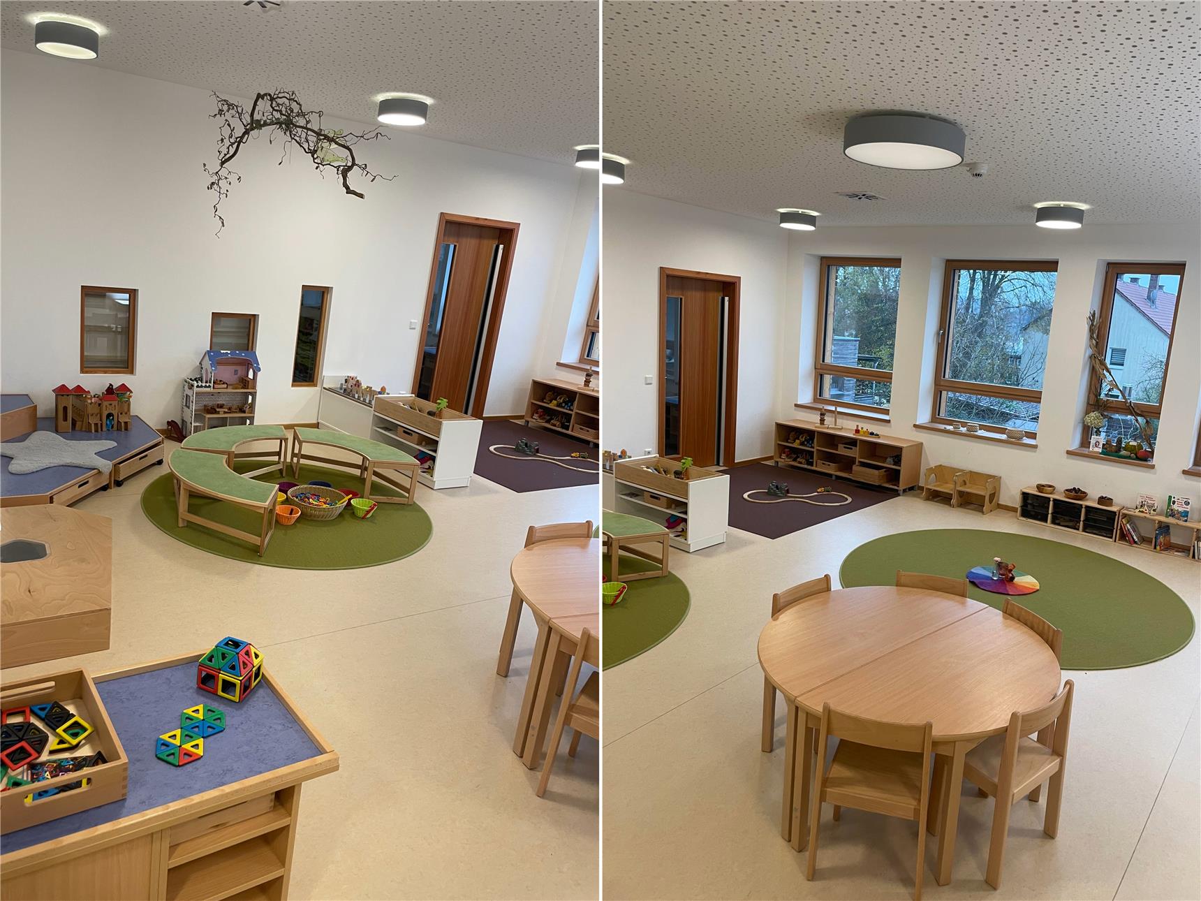 Ein gemütlicher Raum mit einem runden Tisch in der Mitte. Es gibt Platz zum Spielen.