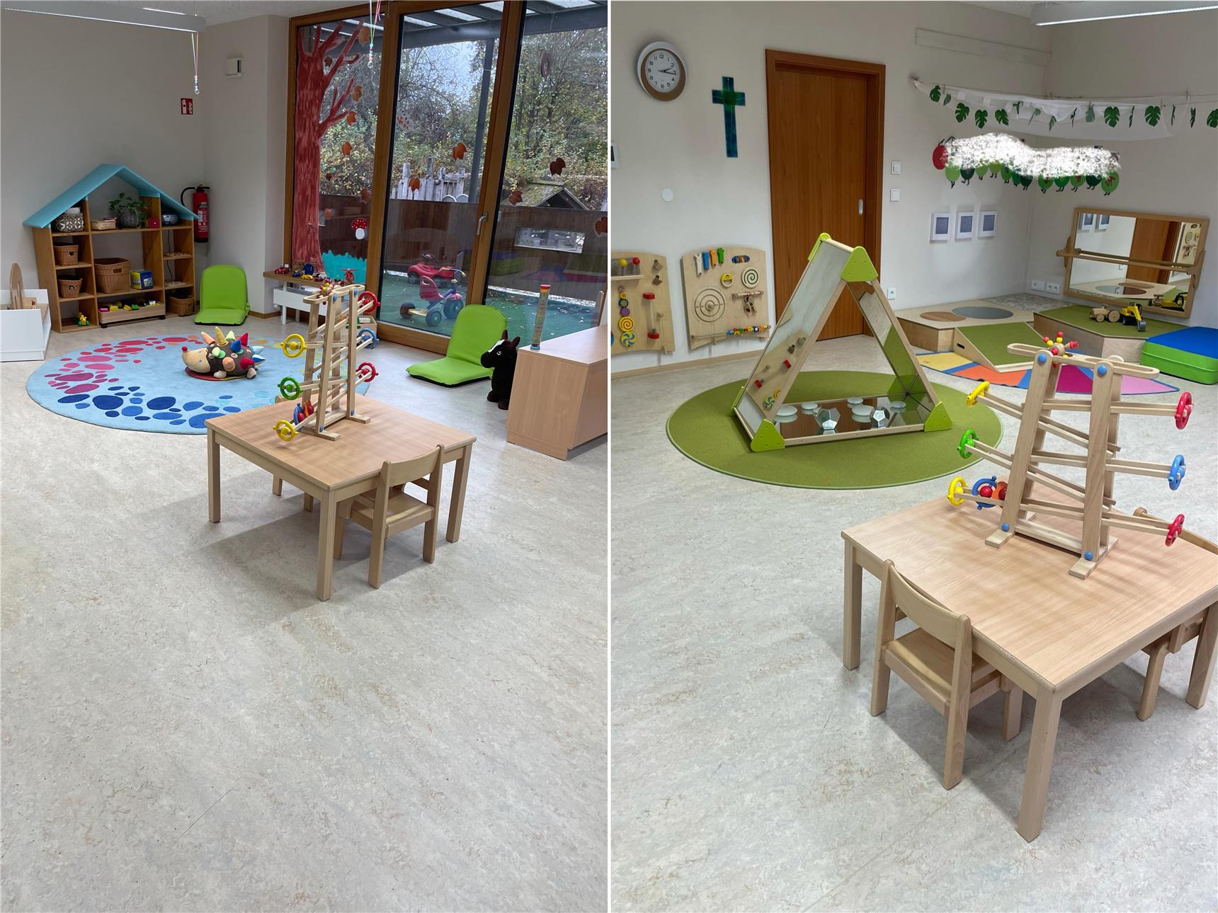 Ein heller, gemütlicher Raum mit einem eckigen Tisch in der Mitte und viel Spielgelegenheiten und Spielzeug für Kindergartenkinder