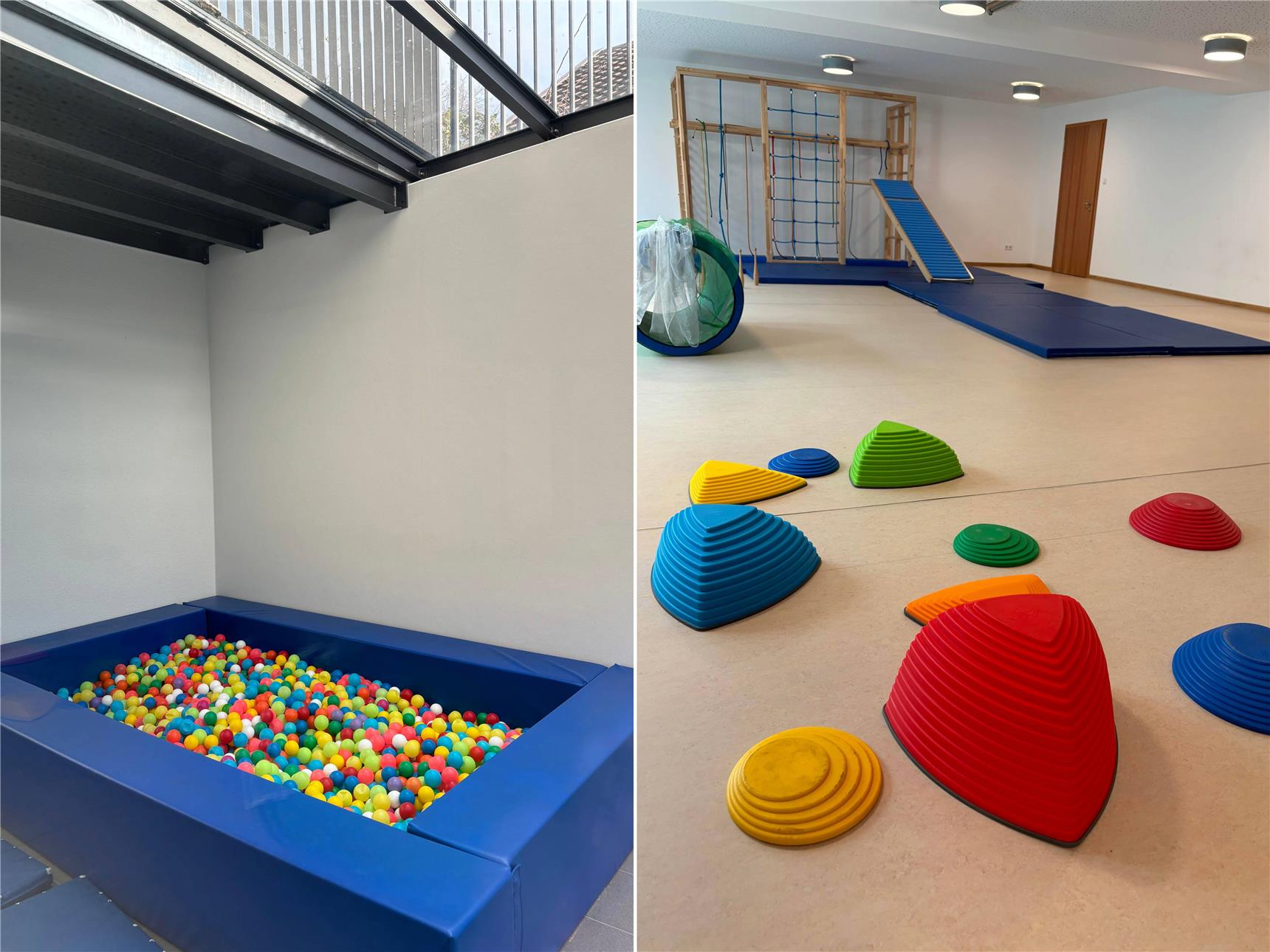 Eine Raum mit bunten Turnutensilien. Kugelbad, Kletterwand, Rutsch, Turnmatten usw.