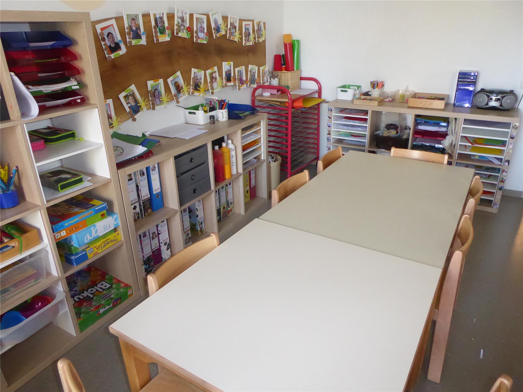Ein großer Tisch mit vielen Stühlen. Rund herum an den Wänden sind Regale mit Spielzeug, Ordnern, Dokumenten. An der Wand hängen mehrere Fotos