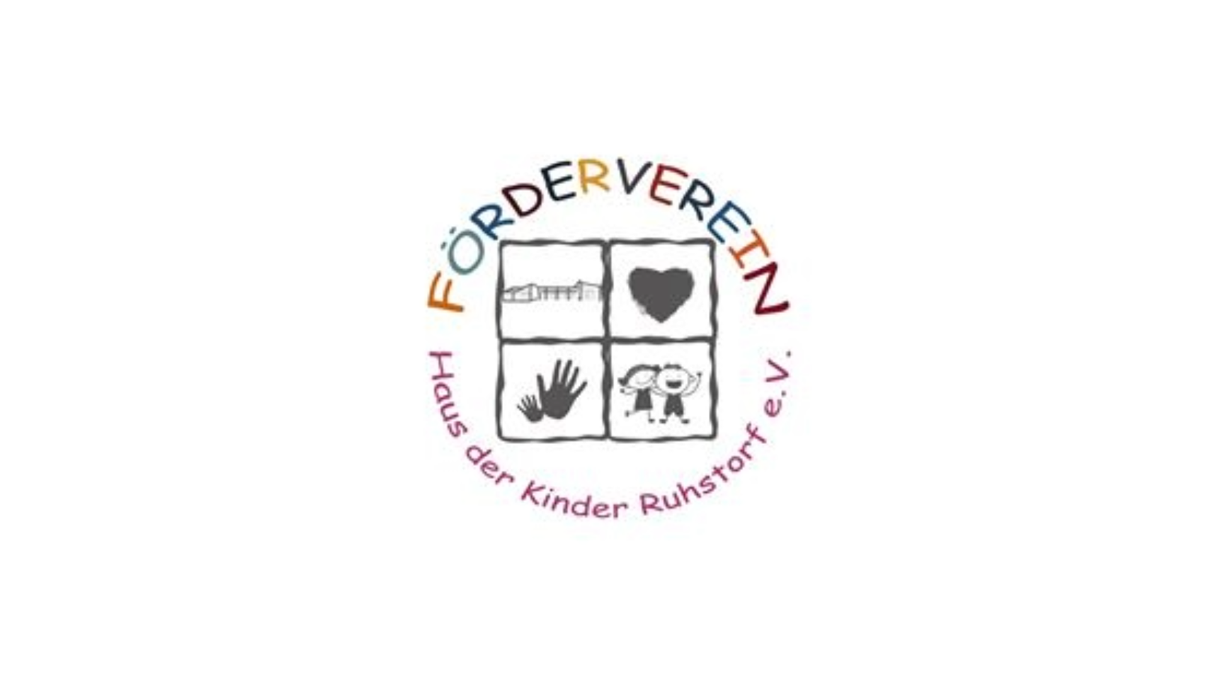 Logo des Fördervereins Haus der Kinder Ruhstorf e.V. mit vier Symbolen: ein Spielplatz, ein Herz, zwei Hände und zwei lachende Kinder. Der Vereinsname steht bunt und kreisförmig um die Symbole.
