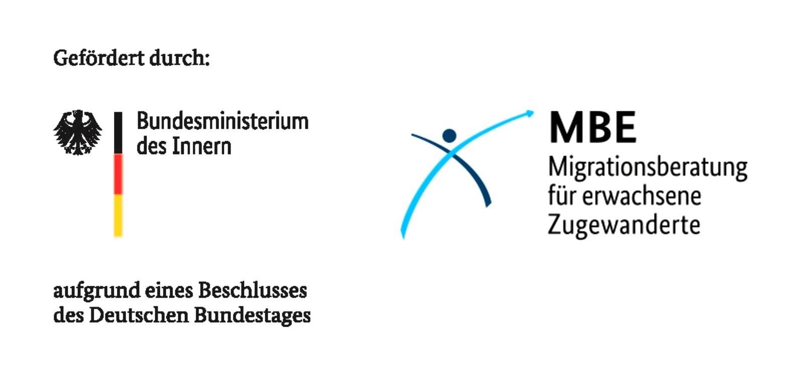 Förderhinweis auf das Bundesministerium des Innern (BMI) mit Logo des BMI und der Programmmarke Migrationsberatung für erwachsene Zugewanderte (MBE)