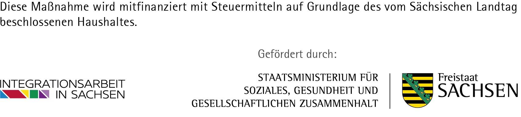 Logos von Integrationsarbeit in Sachsen und Staatsministerium für Soziales, Gesundheit und Gesellschaftlichen Zusammenhalt Sachsen
