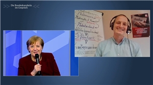 Ein Bildschirmfoto mit eine Fenster in dem Frau Merkel zu sehen ist und ein Fenster in dem Nicolas Mantseris zu sehen ist