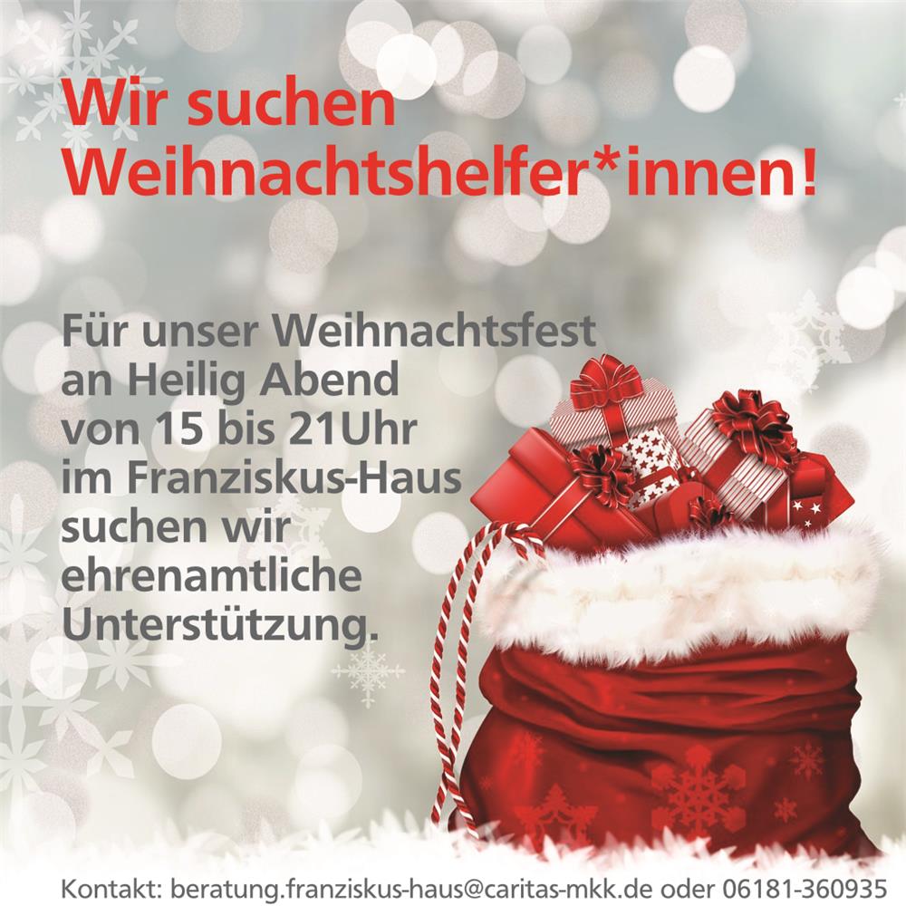 Ein Sack Geschenke vor verschneitem Hintergrund mit Text: Weihnachtshelfer*innen gesucht