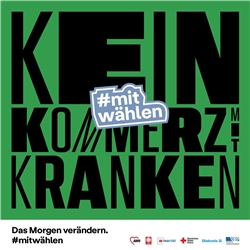 Kachel der LAG Freie Wohlfahrtspflege NRW zur Bundestagswahl 2021 mit dem Slogan 'Kein Kommerz mit Kranken' und dem Hashtag 'mitwählen'