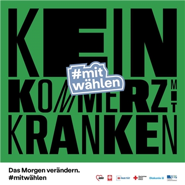 Kachel der LAG Freie Wohlfahrtspflege NRW zur Bundestagswahl 2021 mit dem Slogan 'Kein Kommerz mit Kranken' und dem Hashtag 'mitwählen'