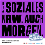 Kachel der LAG Freie Wohlfahrtspflege NRW zur Landtagswahl 2022 mit dem Slogan 'Ein soziales NRW. Auch morgen.' und dem Hashtag 'mitwählen'