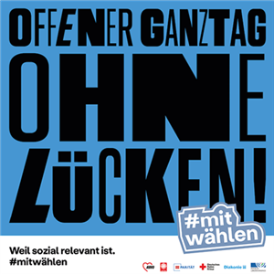 Kachel der LAG Freie Wohlfahrtspflege NRW zur Landtagswahl 2022 mit dem Slogan 'Offener Ganztag ohne Lücken!' und dem Hashtag 'mitwählen'