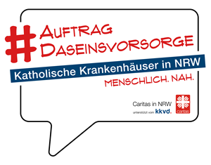 Signet zu #AuftragDaseinsvorsorge in einer Sprechblase mit der Unterüberschrift 'Katholische Krankenhäuser in NRW'