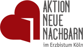 Logo der Aktion 'Neue Nachbarn' des Erzbistums Köln mit einem Herz in dem eine Tür aufgeht