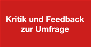 Rotes Banner mit der Aufschrift 'Kritik und Feedback zur Umfrage' in weißer Schrift