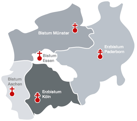 NRW-Karte mit Bistumsgrenzen und Benennung der Bistümer