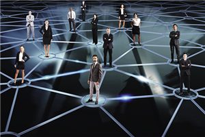 Fotomontage: Zwölf Personen stehen auf einer dunklen Glasplattform und sind mit Linien am Boden eingekreißt. Diese Kreise sind mit Linien untereinander verbunden und symbolisieren damit ein Netzwerk.