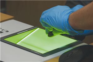 Zwei in blaue Latexhandschuhe gehüllte Hände drücken den Finger einer anderen Hand auf einen Fingerabdruck-Scanner. Der Scanner leuchtet dabei grün auf.