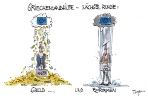 Karikatur: Ein Bänker und ein Arbeitssuchender, die unter je einer Wolke mit EU-Flagge stehen. Auf den Bänker prasselt Geld und auf den Arbeitssuchenden Regen (bezogen auf die Reformen) nieder.