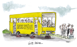 Karikatur: Ein gelber Bus mit Menschen m. Behinderung, der ohne Räder auf Backsteinen steht u. die Aufschrift 'Inklusion' trägt, steht an einer Straße. Einige Politiker winken den Insassen des Busses.