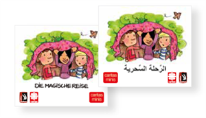 Die Cover des Caritas-Minis 'Die magische Reise' in Deutsch und Arabisch