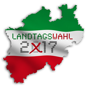 Ein Kartenumriss von Nordrhein-Westfalen in den Landesfarben Grün, Weiß und Rot und dem Schriftzug 'Landtagswahl 2017'. Die 0 in 2017 ist hierbei mit einem roten Kreuz versehen.